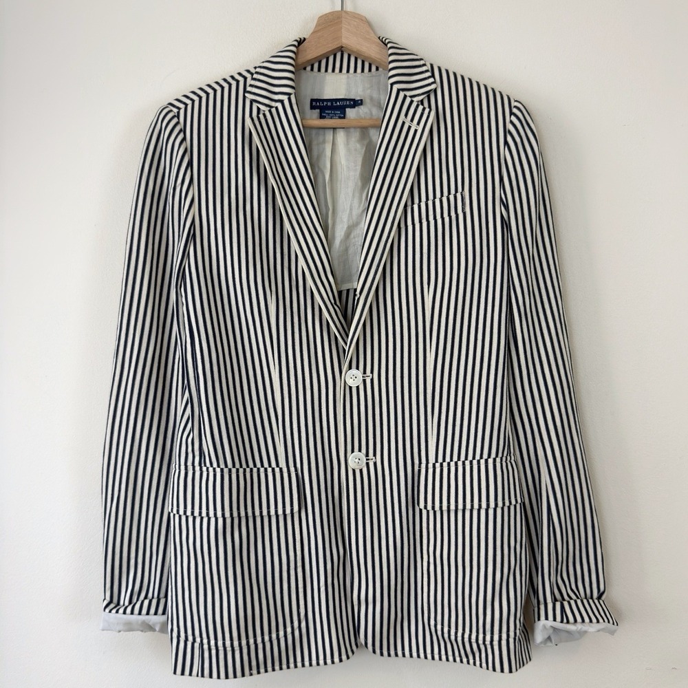 Vintage Ralph Lauren Blue Label Women's Navy White Pinstripe Blazer Jacket - 4